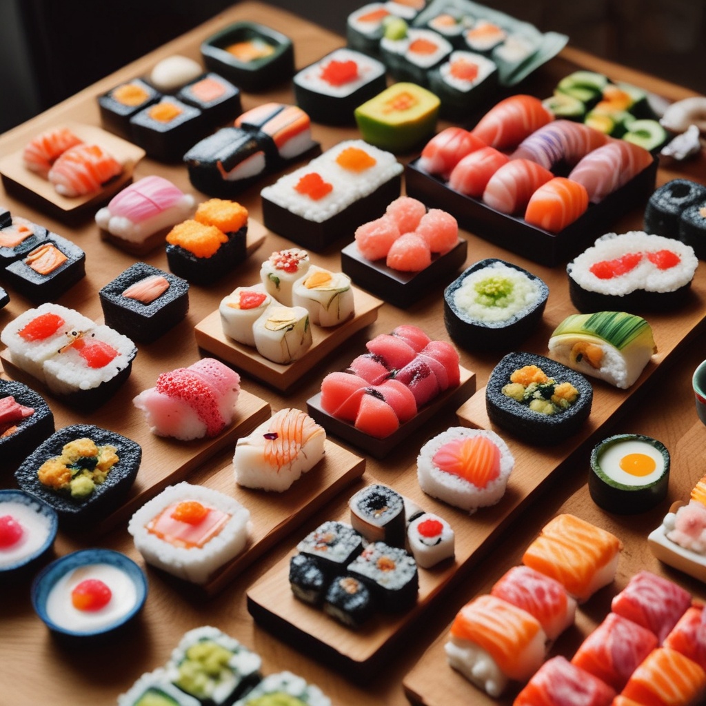 Colorful sushi and tea ceremony in Japan