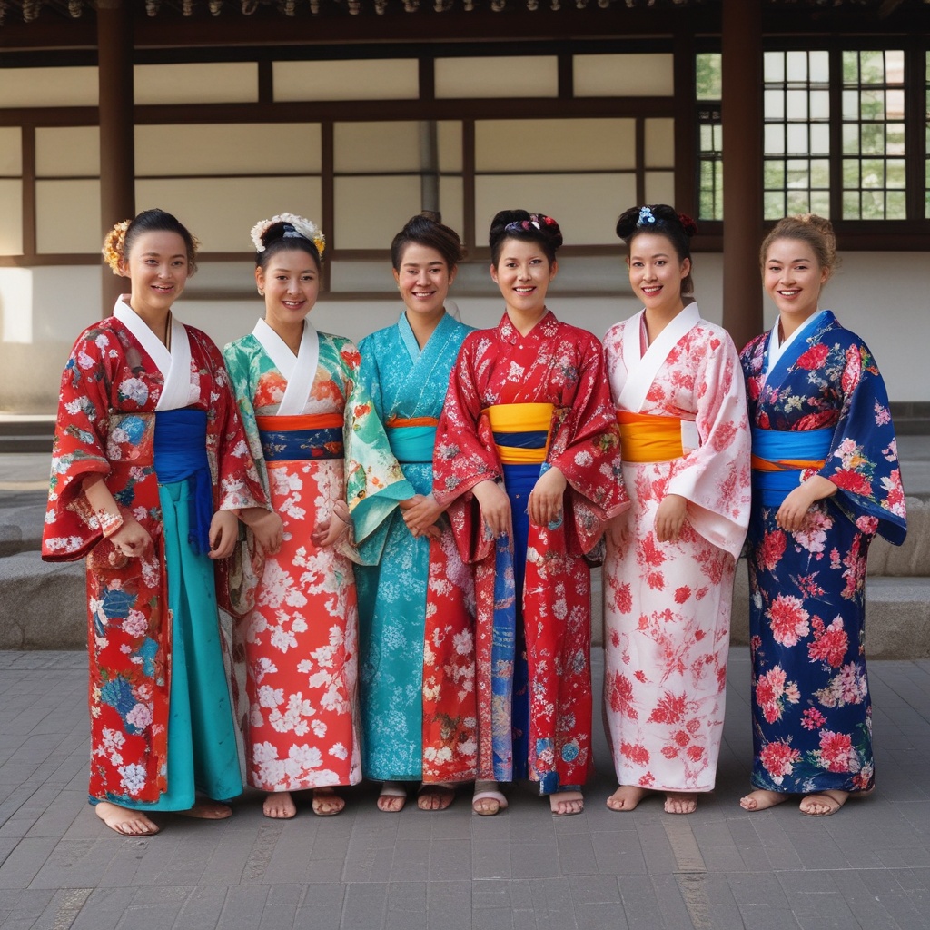 Group of tourists in kimonos with a local guide